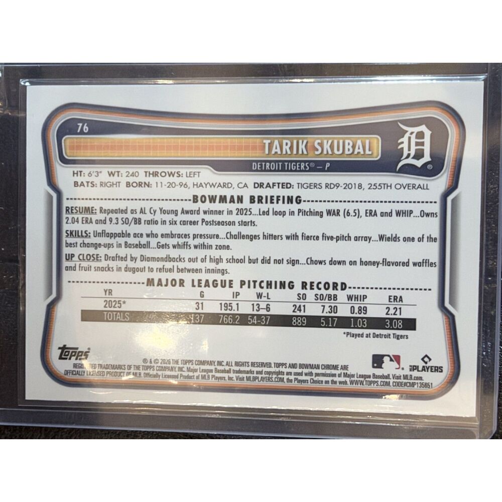 2026 Bowman Chrome Tarik Skubal Mojo Refractor #76 Detroit Tigers